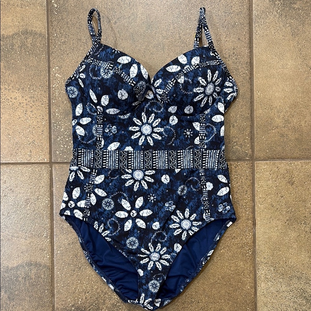 Bleu Rod Beattie Navy and White Floral One-Piece Swimsuit size 10